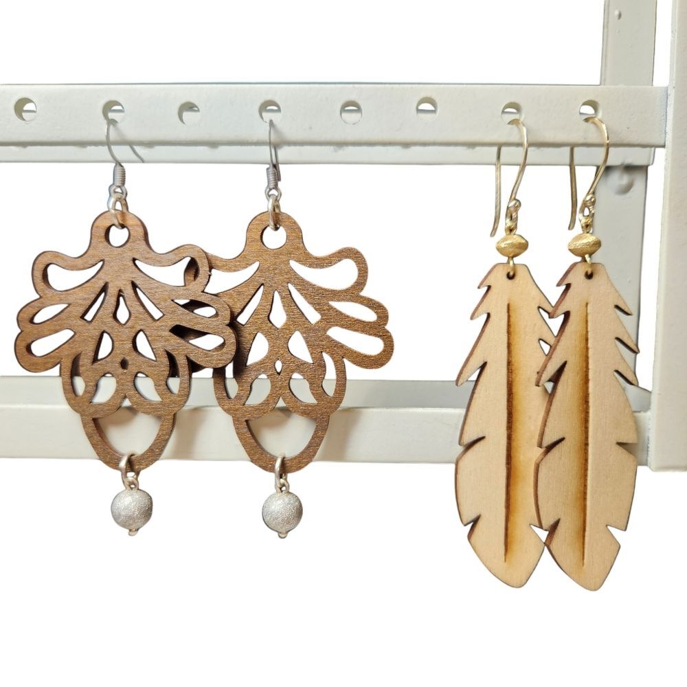 Set 2 Pair Earrings Wooden Feathers Large Long Gold Silver Brown Natural Gift‎